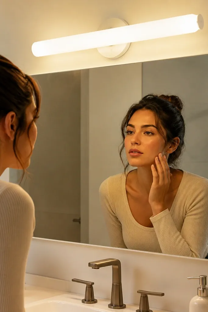 Matte white vanity light above mirror with warm LED glow