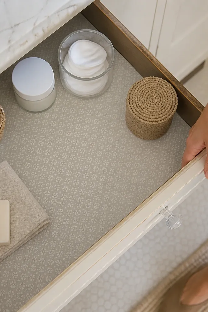 Subtle patterned liner inside bathroom vanity drawer with neatly arranged items