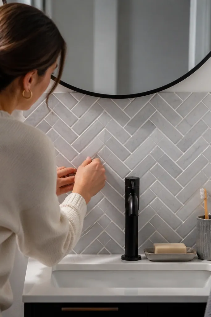 Small herringbone backsplash strip behind a narrow sink