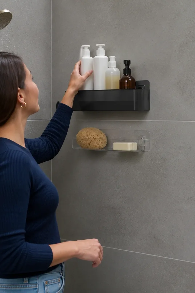 Shower wall with a clear soap dish rail and slim magnetic caddy