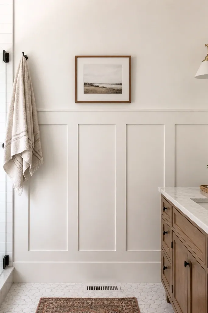 Small bathroom wall with crisp faux wainscot stripes in two tones