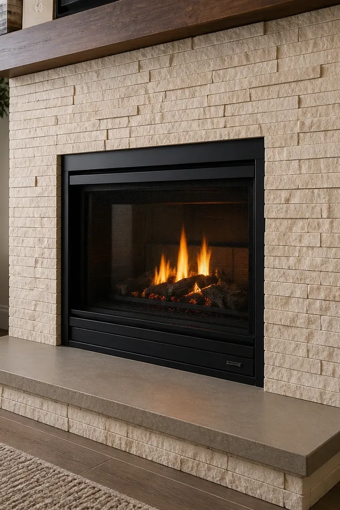 Light cream stacked-stone panels with a thin tan grout line and a simple white mantel
