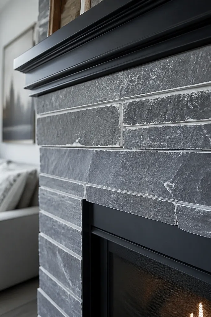 Charcoal slate-look veneer with uneven white mortar wash and a dark wood mantel