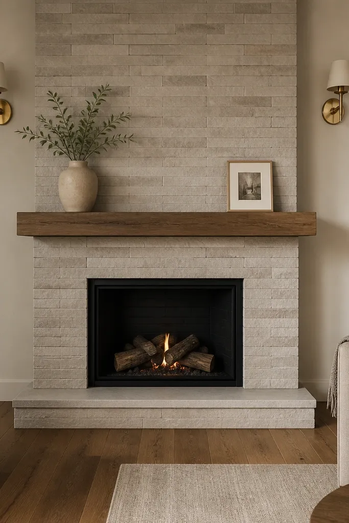 Greige stacked stone with narrow grout lines and a light neutral mantel