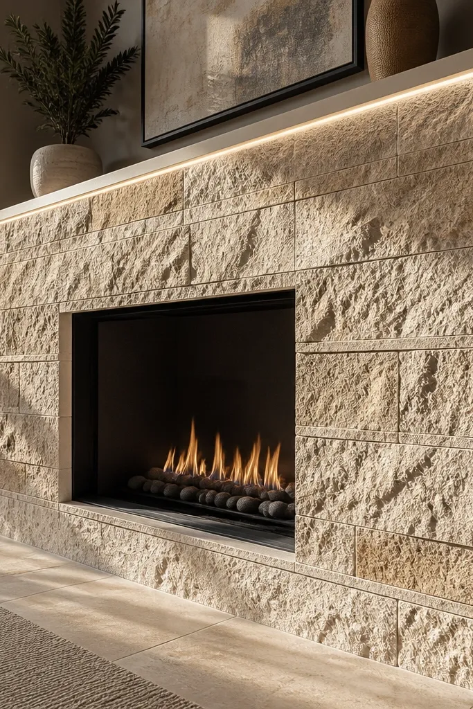 Layered limestone-look veneer in light and medium tones with sandy grout