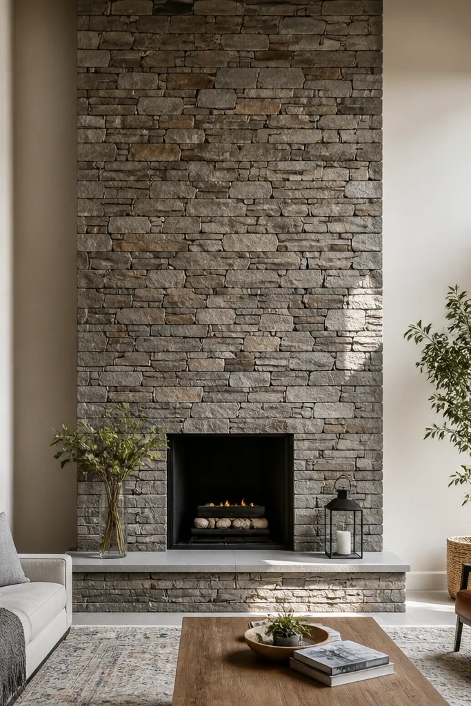 Full-height stacked stone wrap up to the ceiling with a clean mantel opening