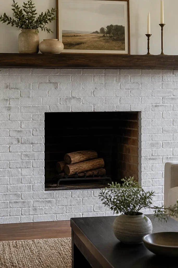 Whitewashed brick-look veneer with soft gray joints and a simple shelf mantel