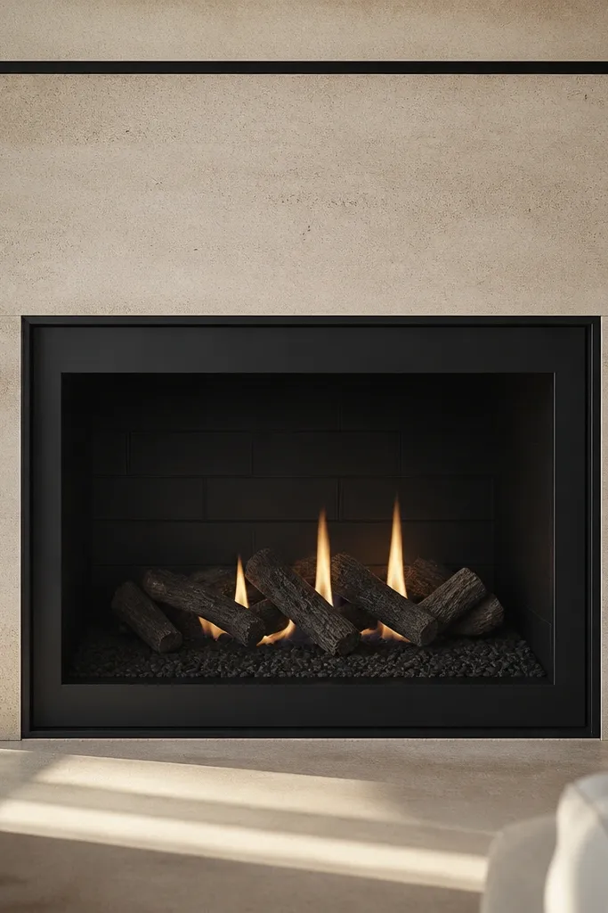 Light stone veneer framed by slim black metal trim around the fireplace