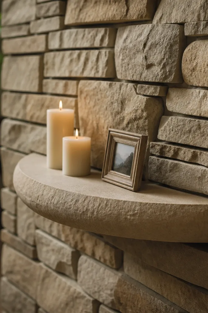 Stone veneer fireplace with a rounded sandstone-style ledge shelf