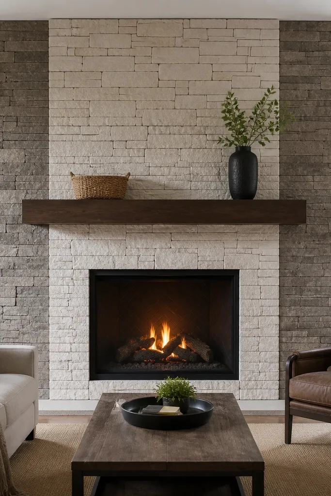 Two-tone stone columns on both sides with a lighter center panel and grout lines