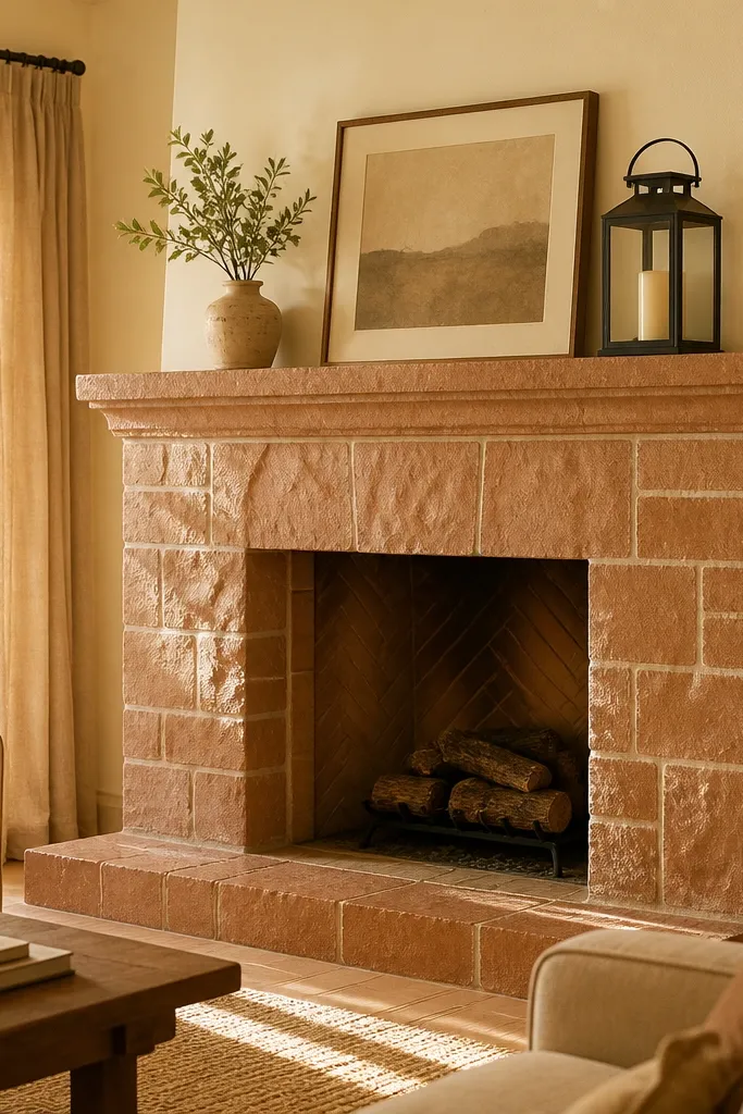 Terracotta clay-look stone veneer with warm sandy grout and a wood mantel