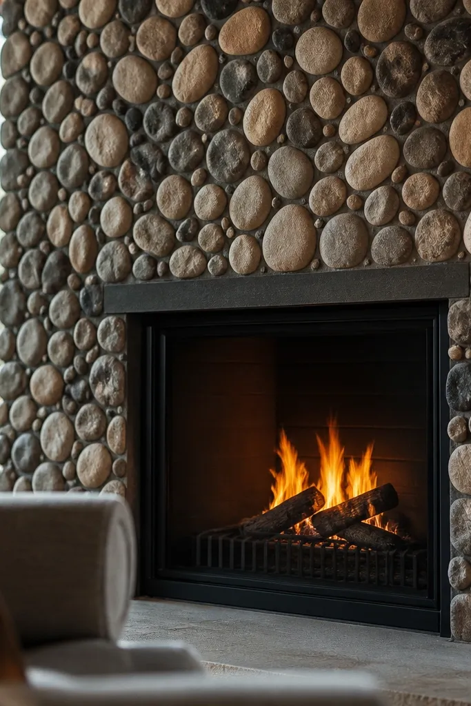 River rock veneer with mixed gray stones and deep charcoal grout