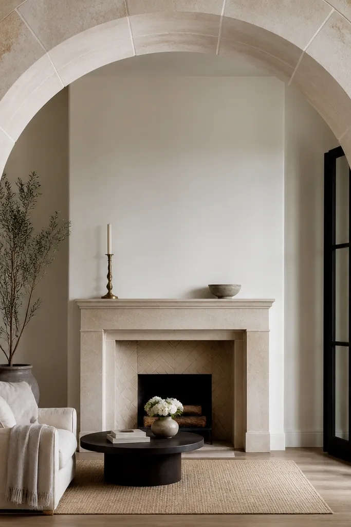 Limestone-look stone veneer shaped into arches around the fireplace opening