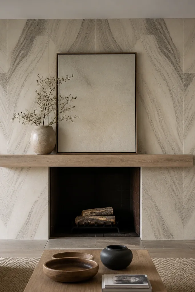 Faux stone panels with mirrored veining pattern across the fireplace