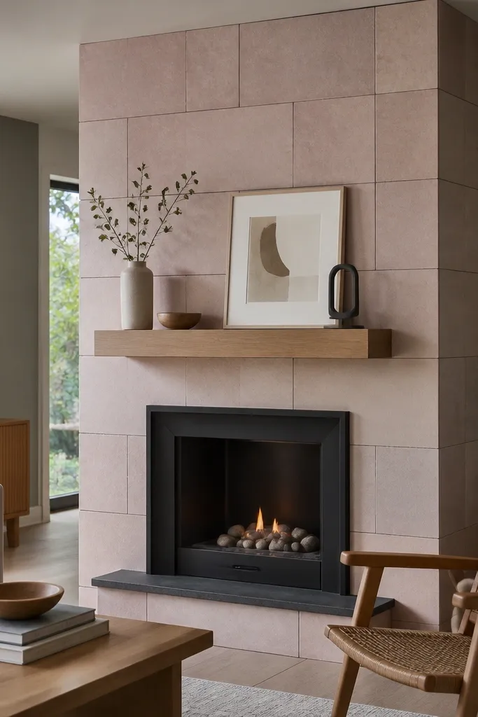 Soft pink-beige stone veneer with warm gray grout and a white mantel