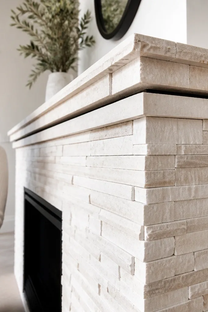 Stacked stone veneer with thick-looking trim caps at corners and top