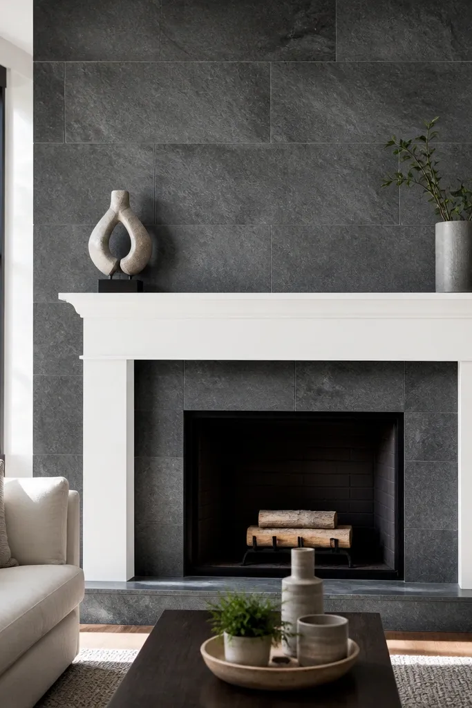 Dark gray stone veneer with a crisp white mantel wrap and minimal grout