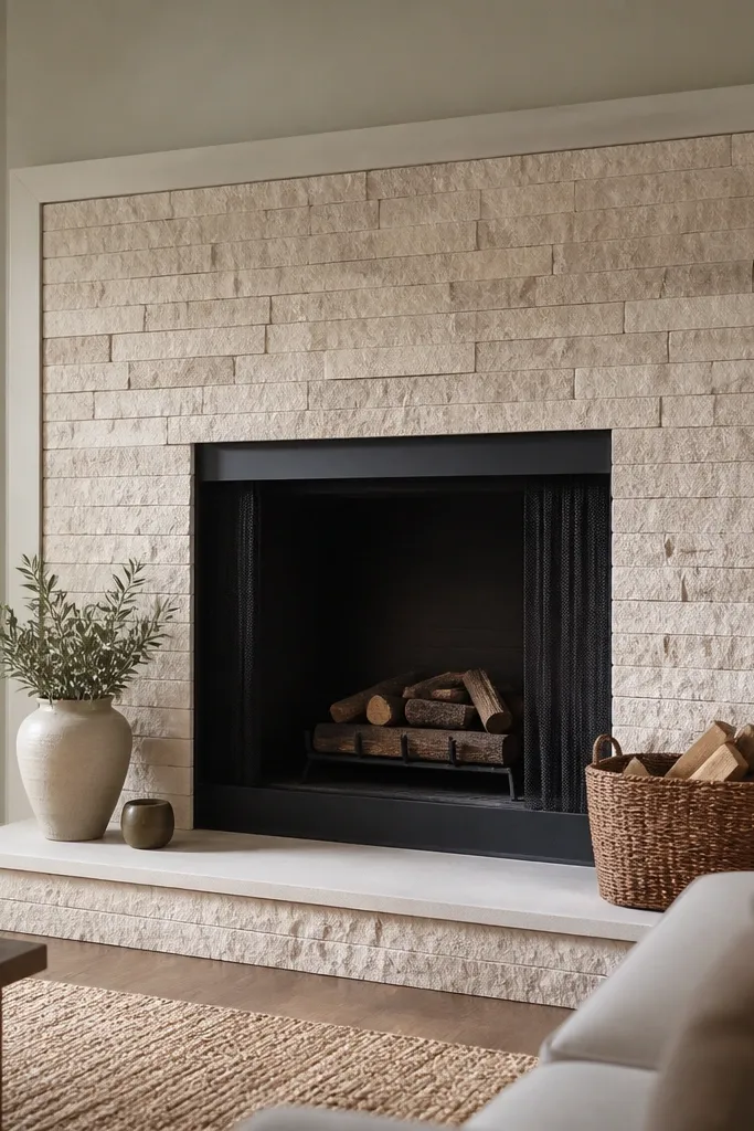 Light stone veneer with a bolt-on removable trim border around the fireplace