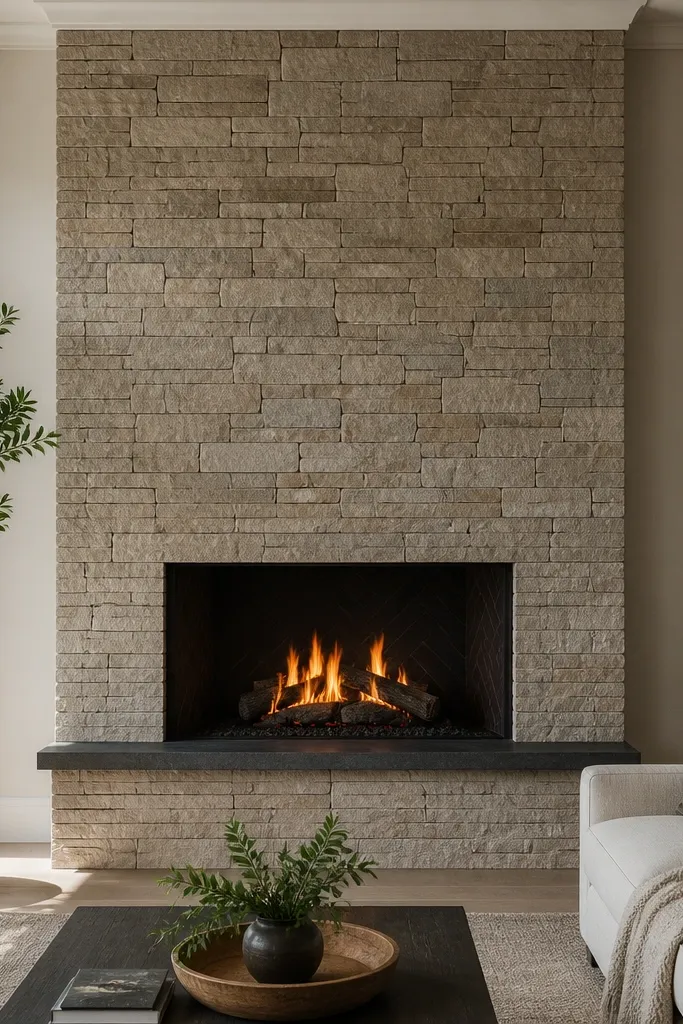 Stone columns on both sides of fireplace stretching upward with matching grout