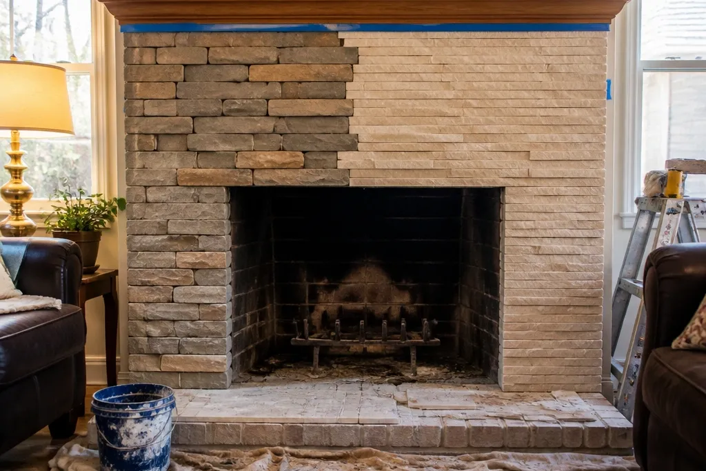 Renter-Friendly Stone Fireplace Makeover Before and After