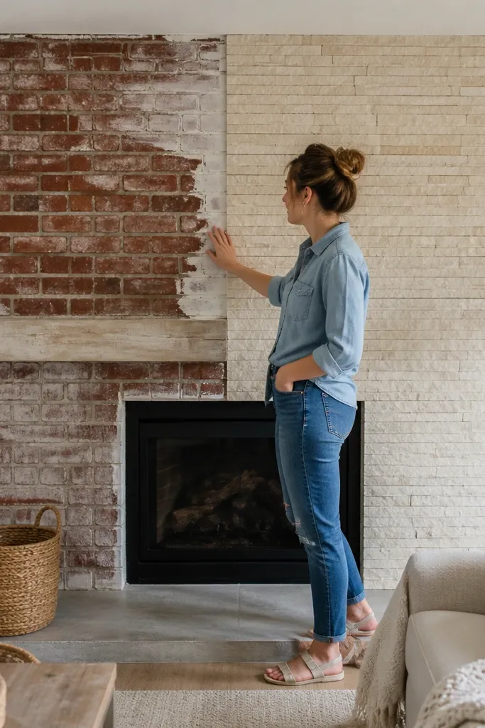 Renter-Friendly Stone Fireplace Makeover Before and After