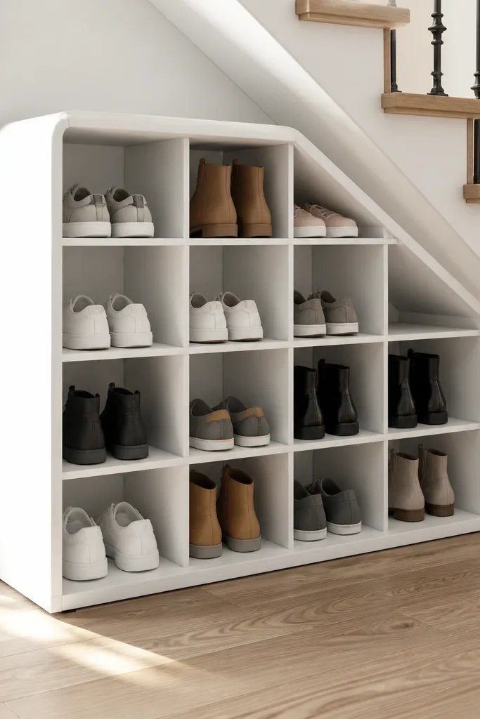 Open-front cabinet under stairs with two rows of cubbies and boot space at the bottom