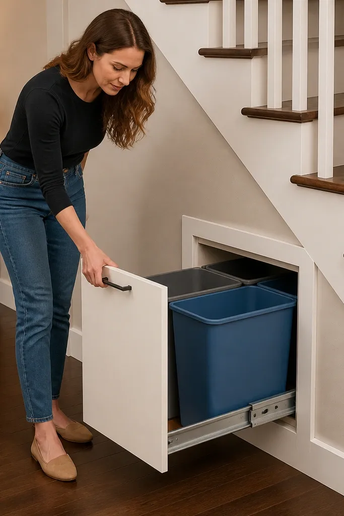 Under-stairs pull-out drawer with two bins and soft-close slides