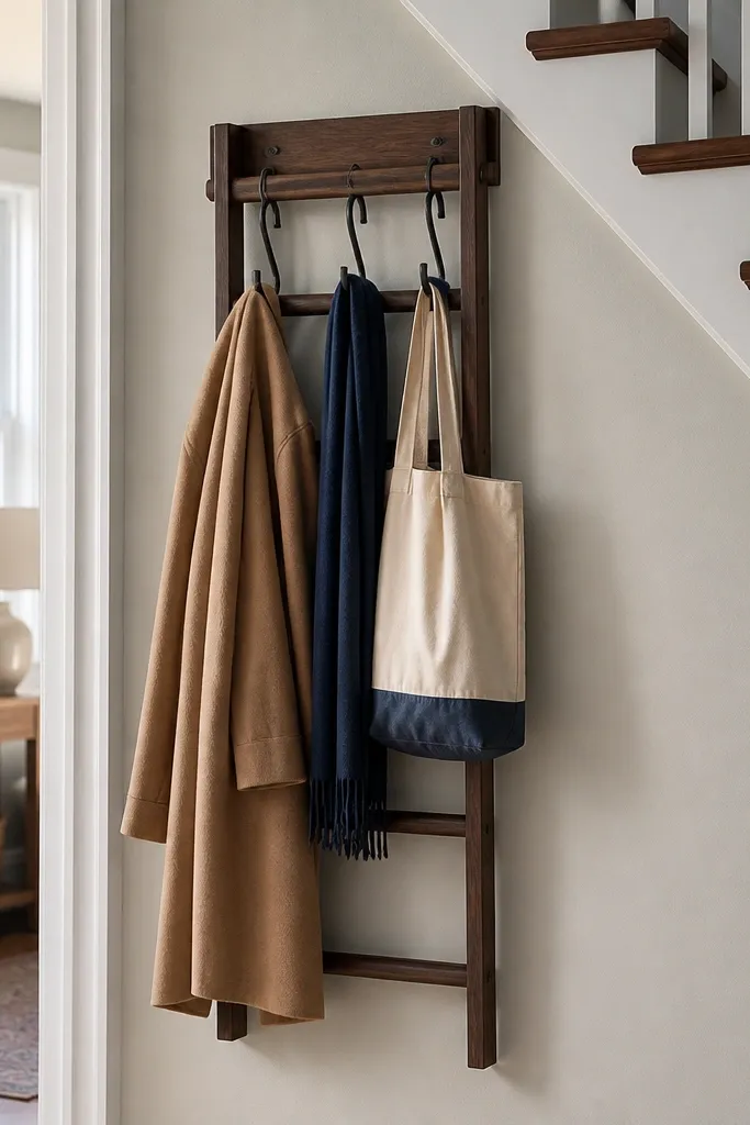 White ladder rail under stairs with hanging coats and S hooks