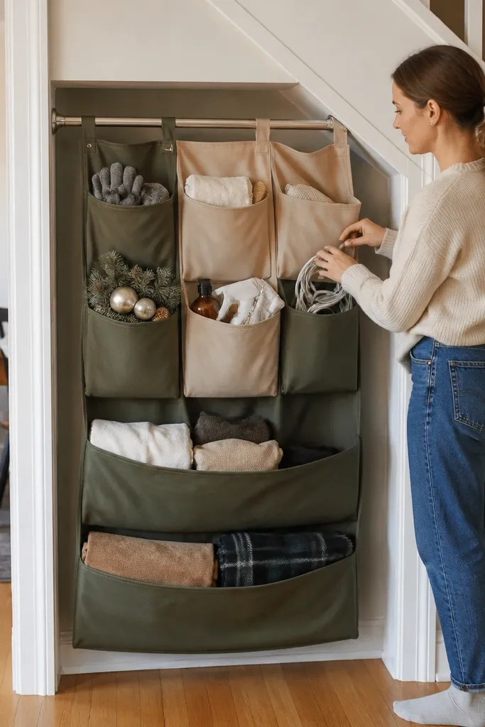 Tension rod under stairs with fabric hanging organizers and small shelves