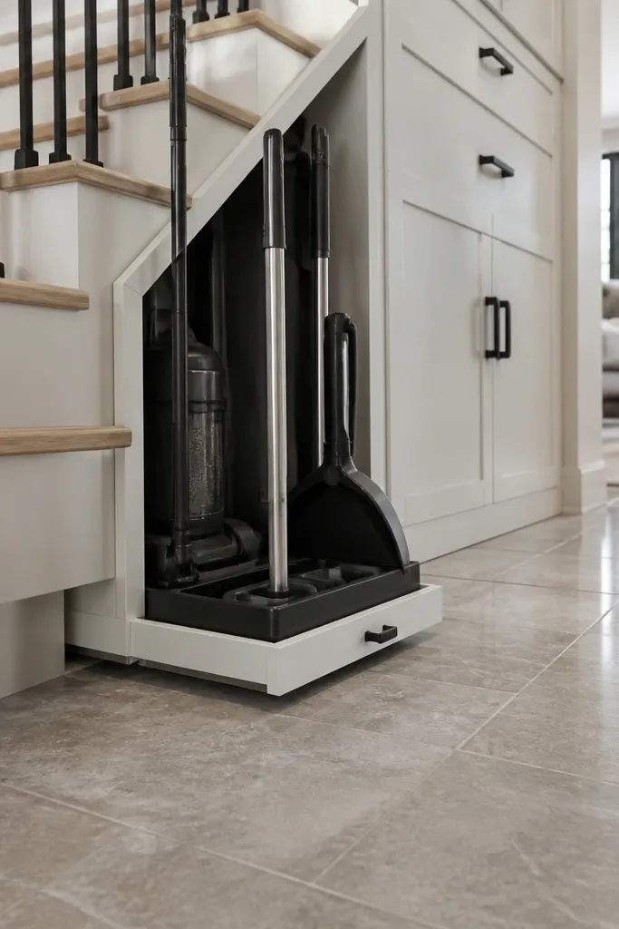 Under-stairs base with a pull-out tray holding a vacuum and cleaning tools
