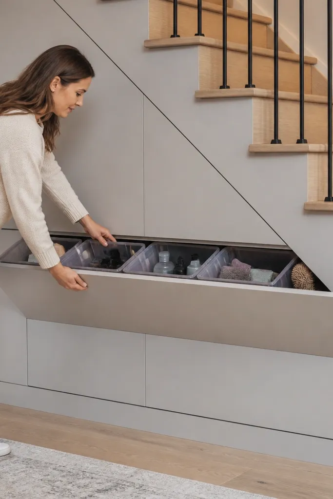 Under-stairs bins behind a hinged wooden panel with a simple handle