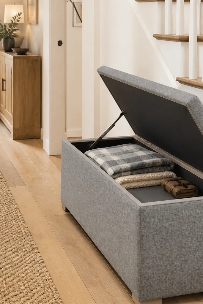 Under-stairs bench with lift-up lid revealing storage bins inside