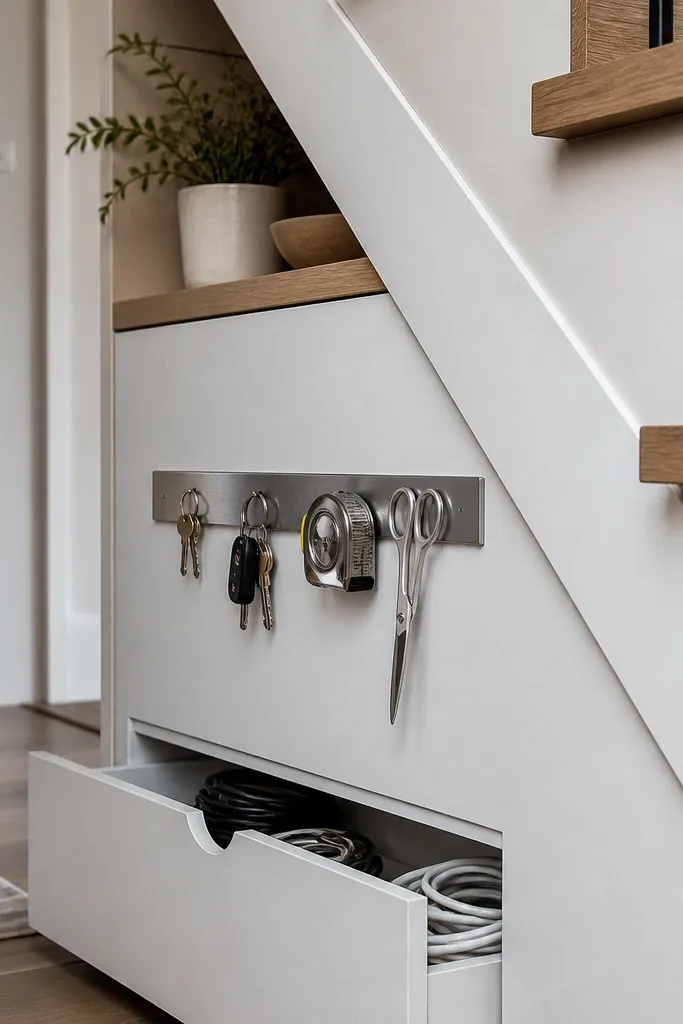 Magnetic strip under stairs with small drawer for chargers and labeled cord ties