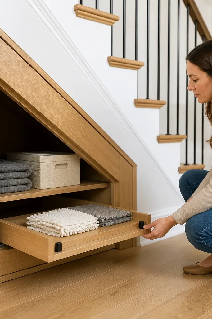 Under-stairs cabinet with sliding wooden shelf and toe-stop blocks
