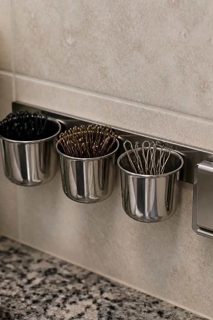 Small magnetic strip with two metal cups holding hair ties and clips