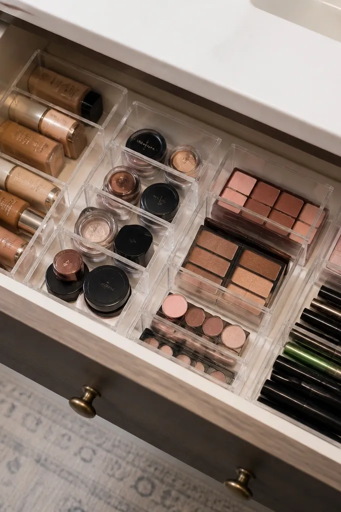 Clear acrylic drawer organizer with three sections for makeup tools