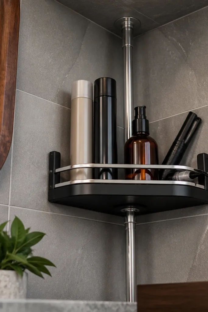 Small corner tension rod with a shallow shelf holding spray bottles
