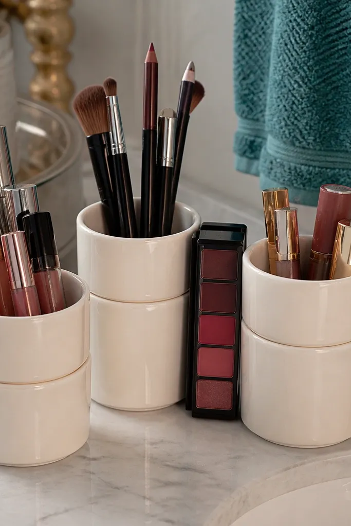 Two ceramic cups stacked with lipsticks and makeup brushes