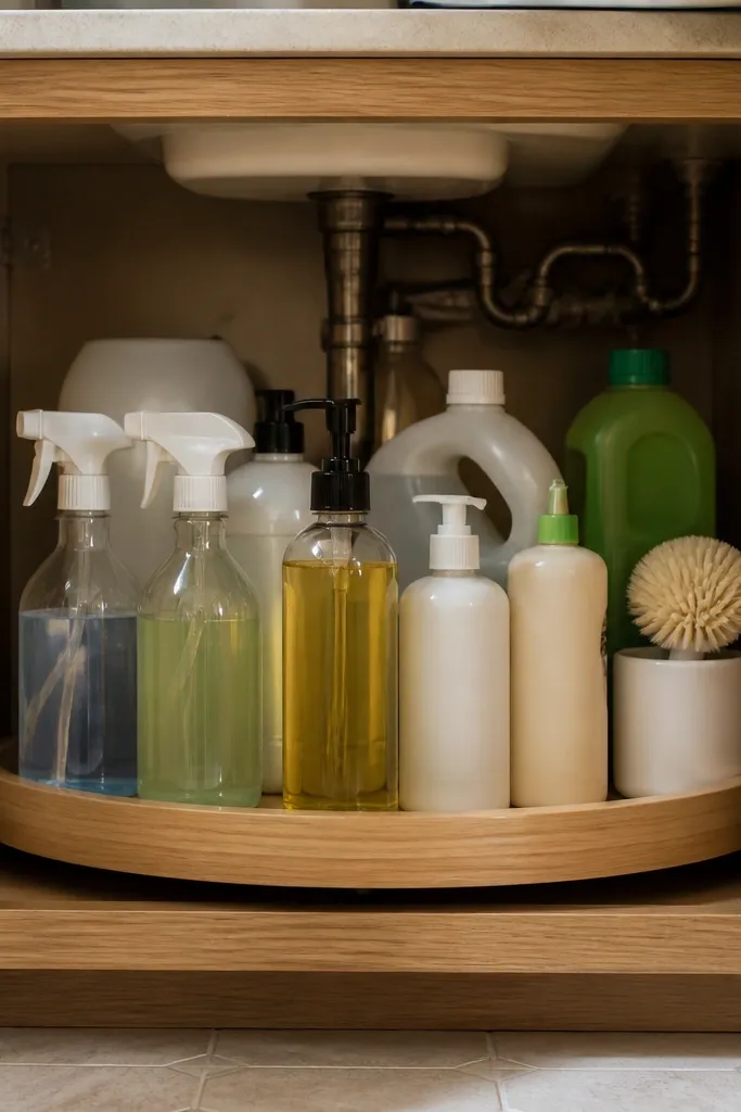 Shallow lazy susan inside a vanity cabinet with labeled bins