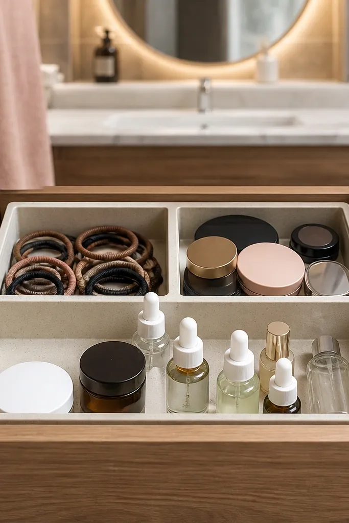 Peel-and-stick trays in a small vanity drawer holding skincare bottles