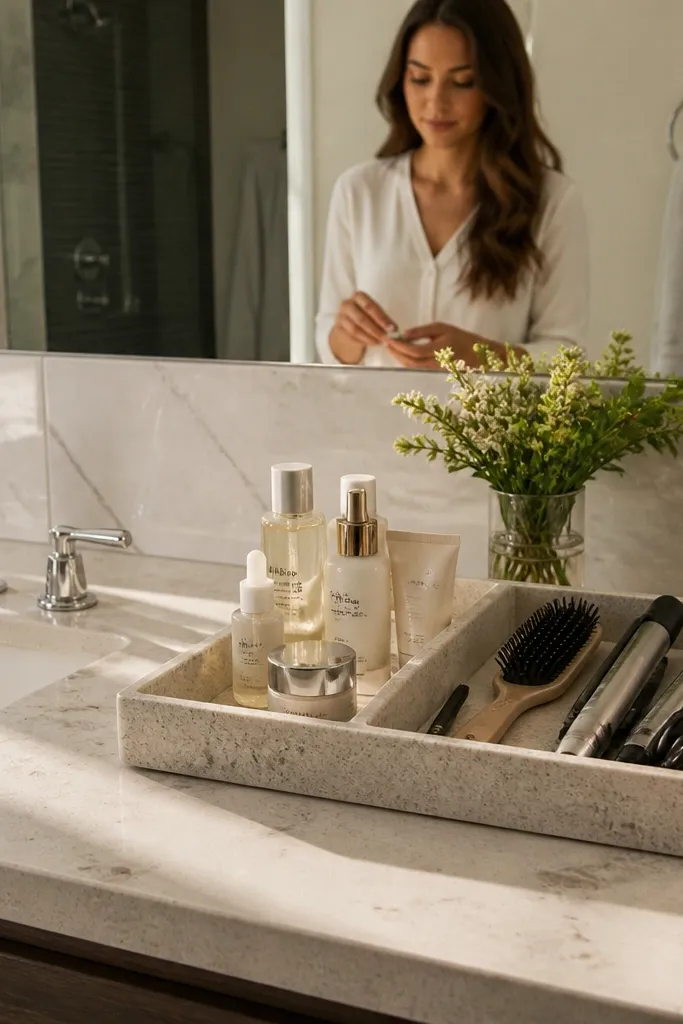Large decorative tray on vanity with a divider holding daily skincare