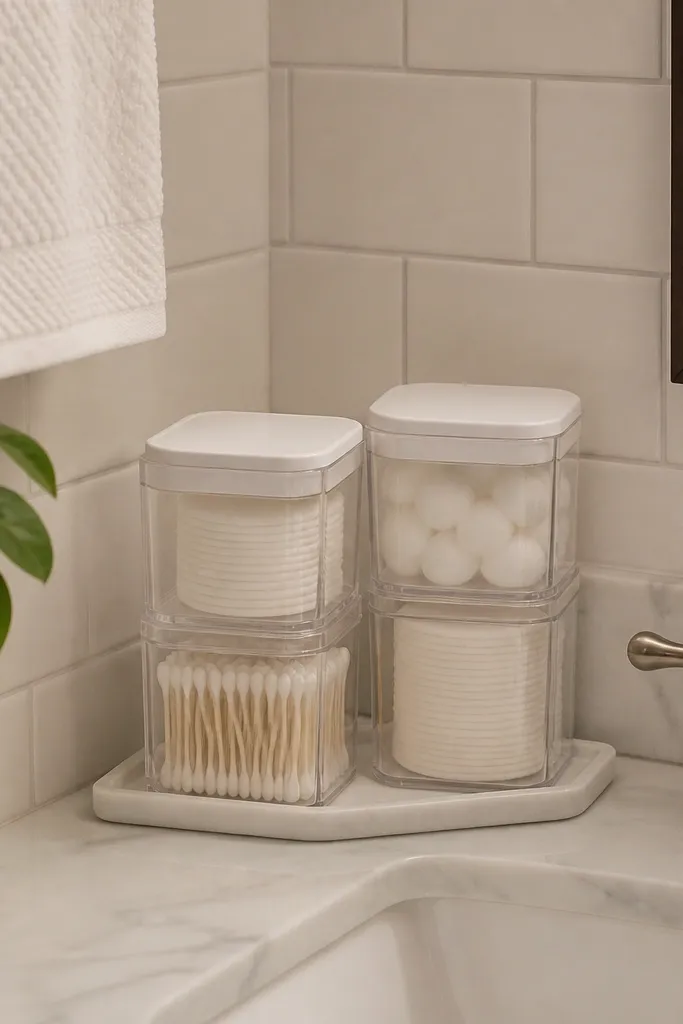 Two clear lidded containers on vanity holding cotton pads and Q-tips