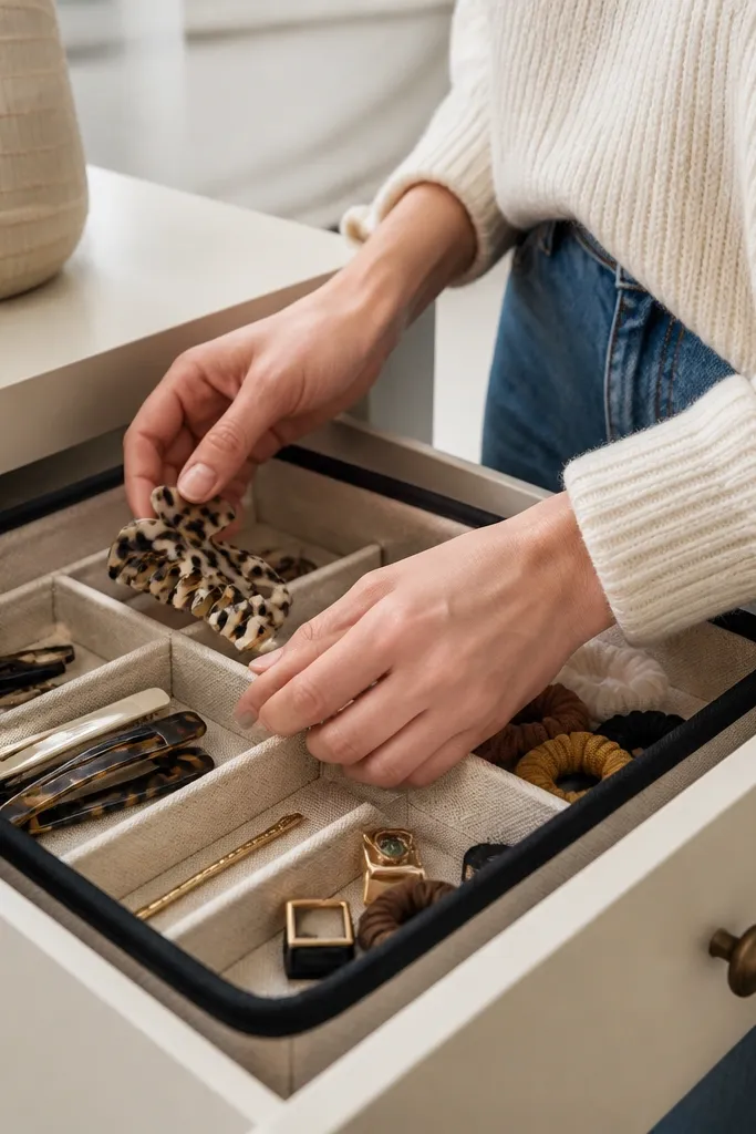 Drawer tray lined with fabric holding hair ties and clips