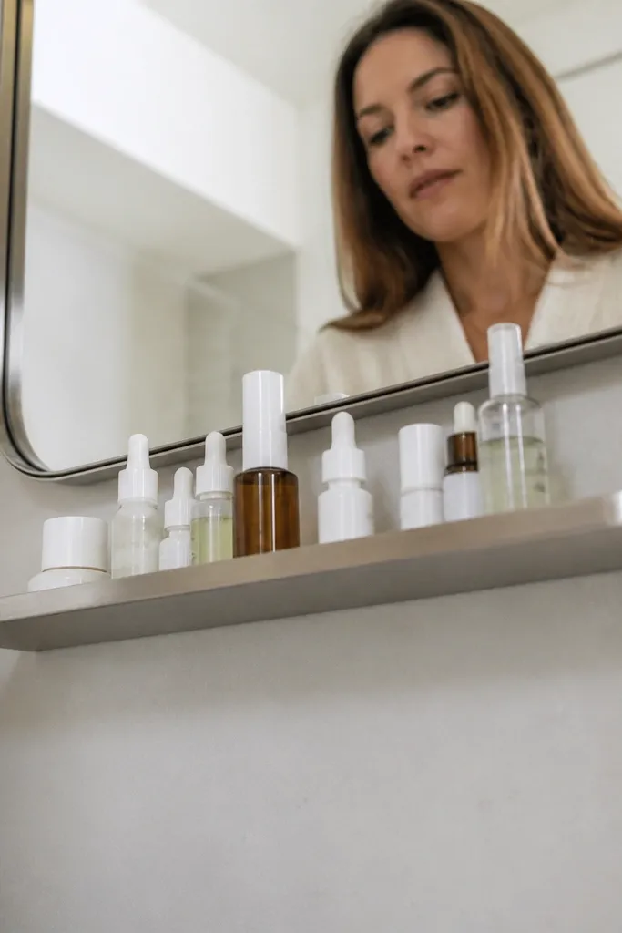 Small under-mirror shelf holding face mist and skincare bottles