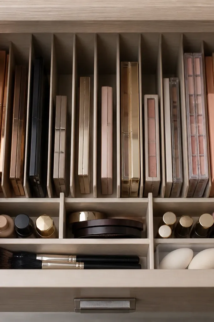 Drawer dividers holding flat eyeshadow palettes upright