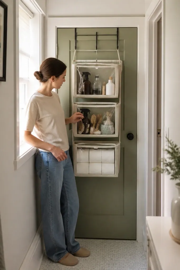 Over-the-door organizer with small baskets holding skincare bottles