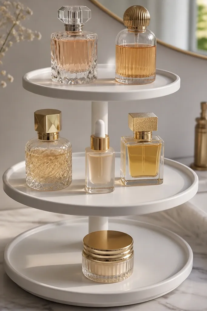 White tiered stand on vanity with perfume bottles and skincare jars