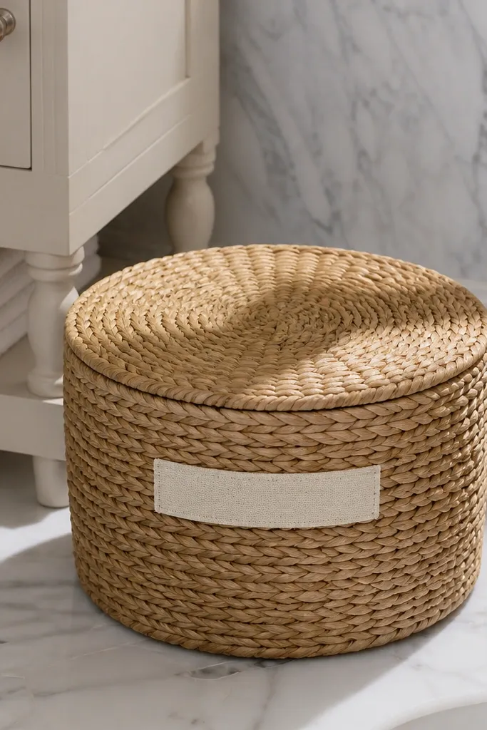 Small lidded woven basket on vanity with a label strip