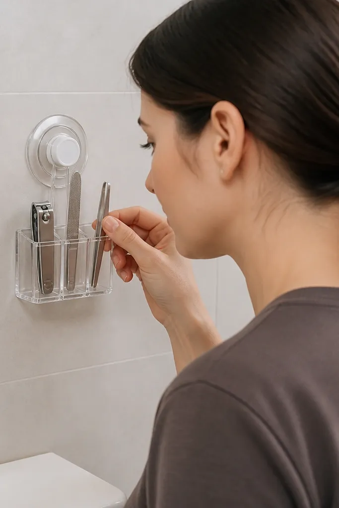 Small suction-cup organizer on mirror holding nail clippers and files