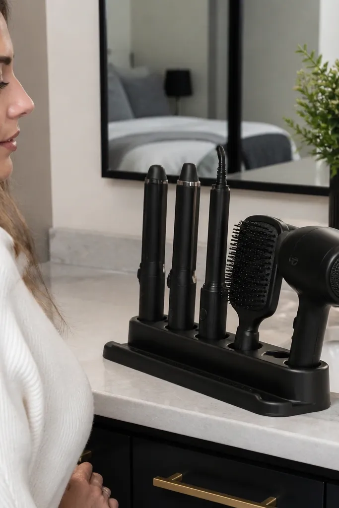 Slim charging dock on vanity with hair tool bases and a tidy cord loop